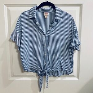 Mossimo Supply Co. Blue Striped Button Up Blouse with Tie in Front